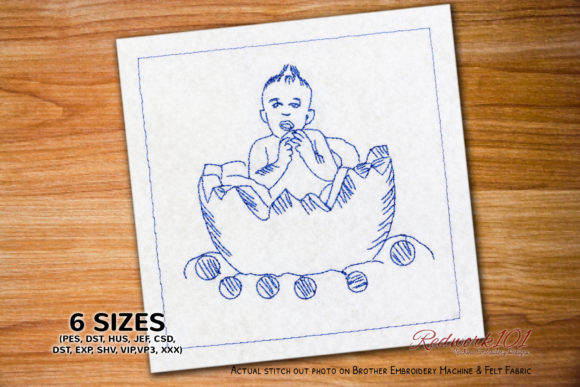 A Close Look at the Baby Sitting in Cracked Egg Redwork Design