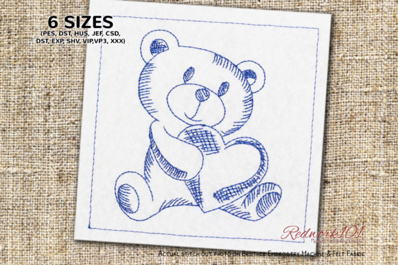 Teddy Holding Heart Lineart Embroidery for Boutique Apparel